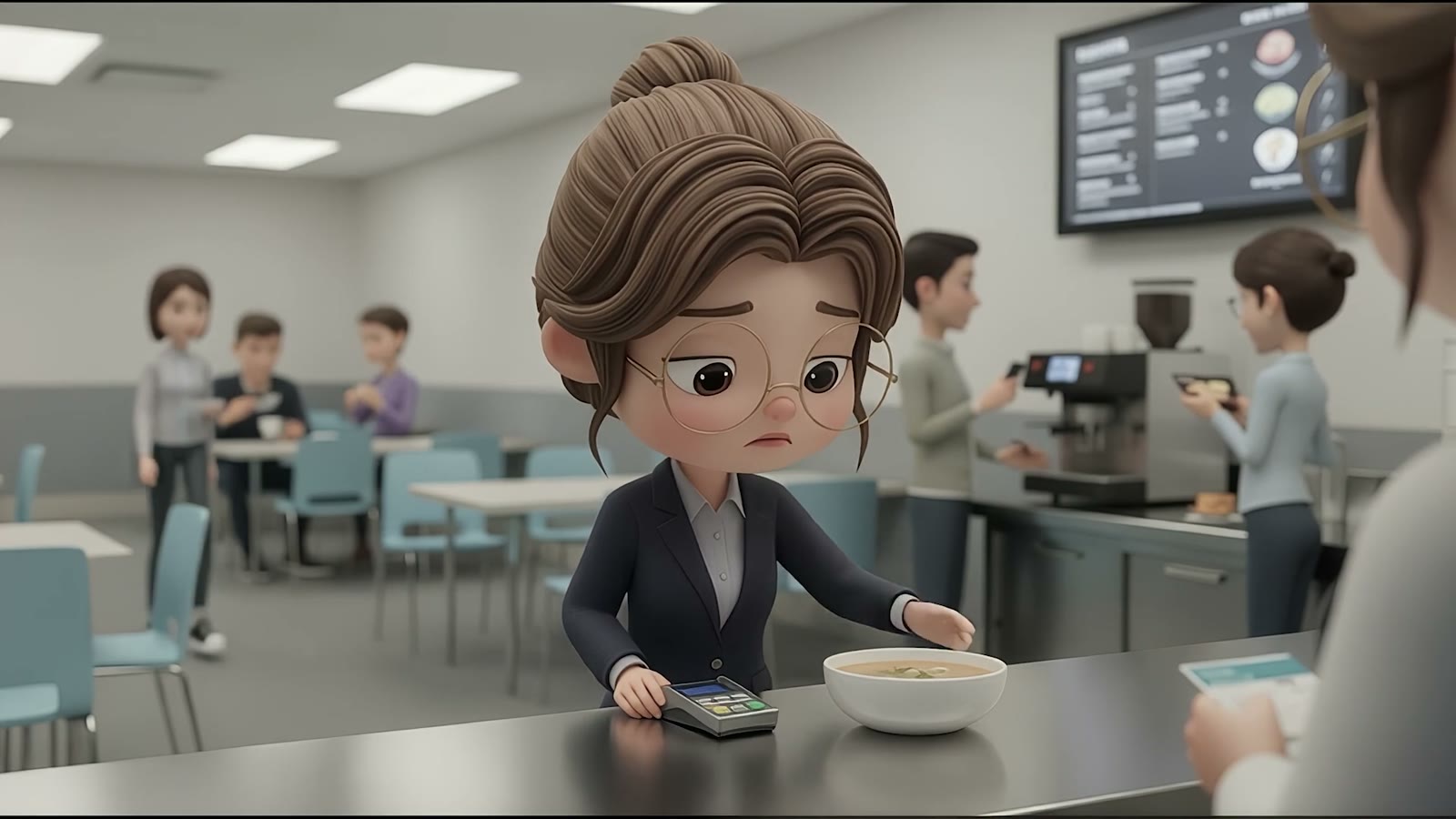The woman looks down at a bowl in the staff canteen