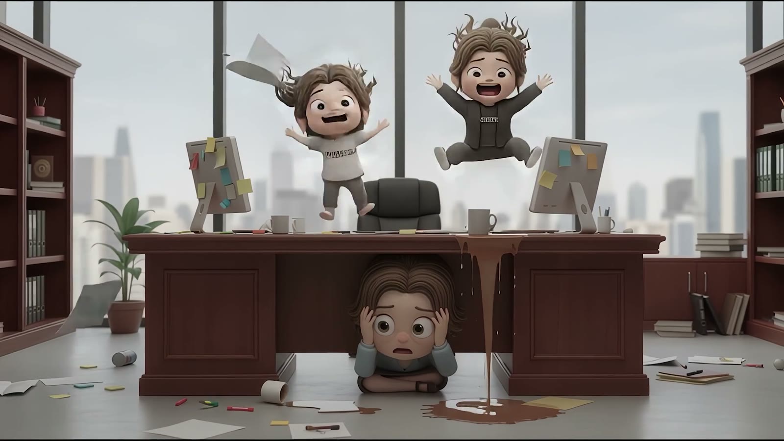 Two small characters jump on a desk while another hides underneath