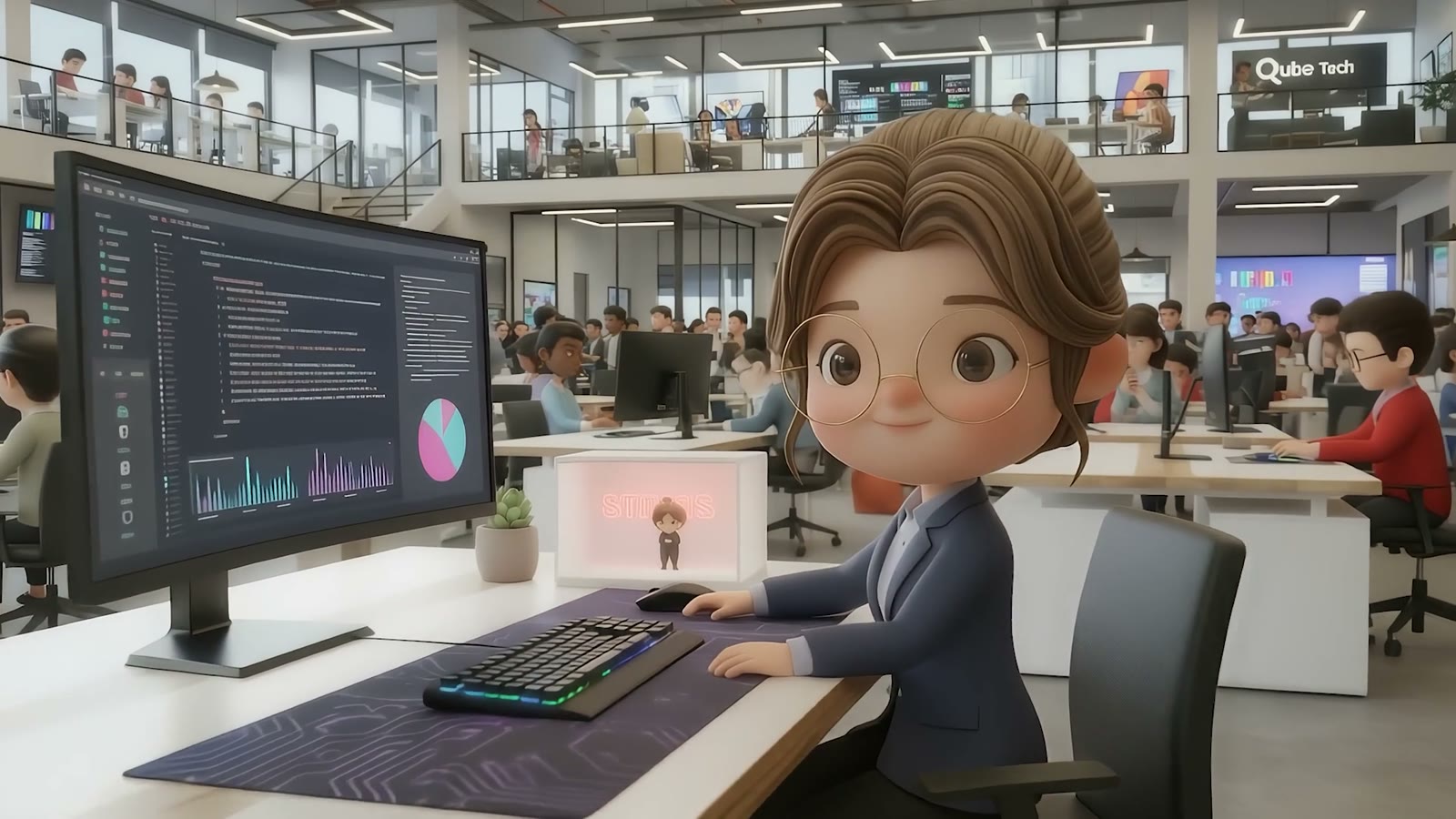 The woman at her desk in front of a large monitor