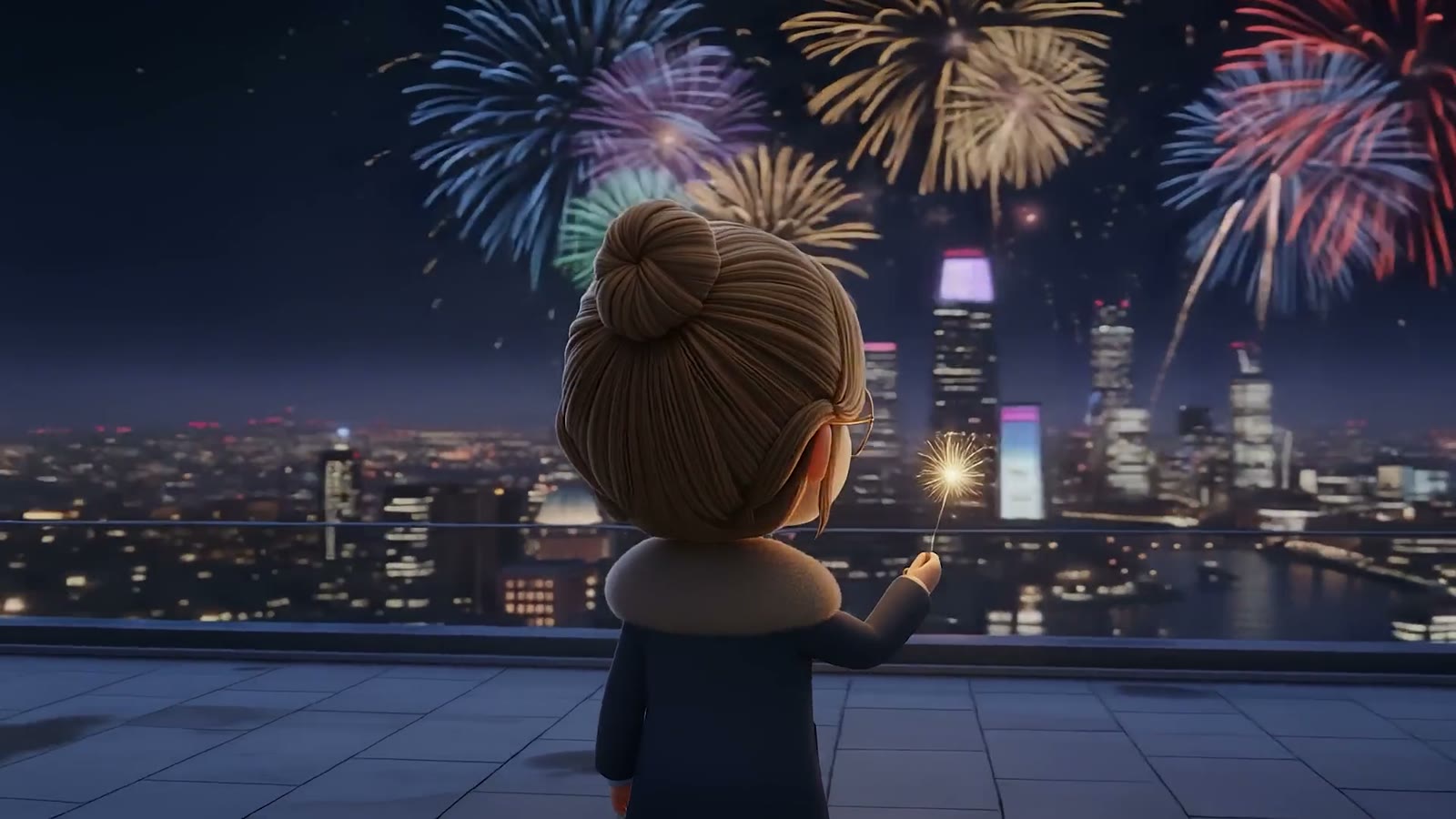 A character watches fireworks over the city from a rooftop