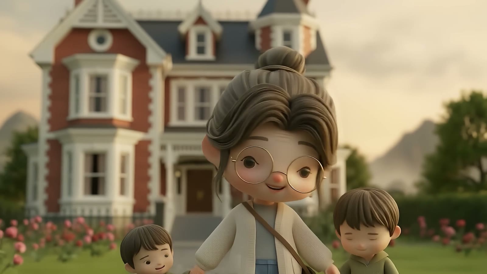 An animated woman with glasses stands outside a red-brick house with two children