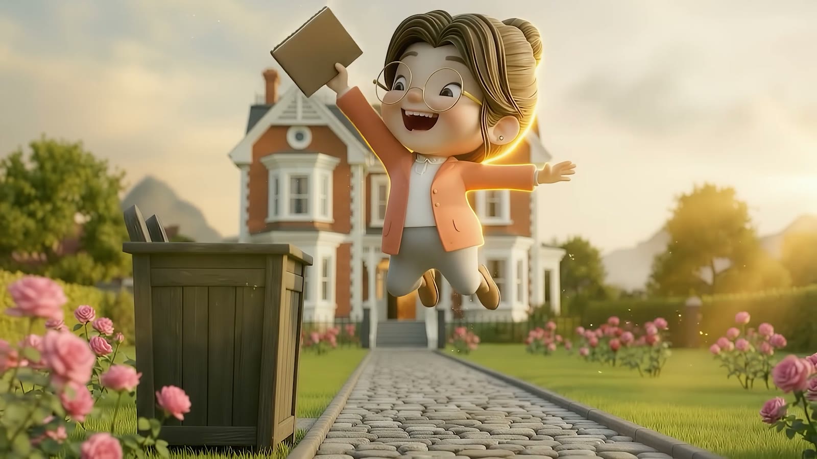 The woman leaps in the air outside her house