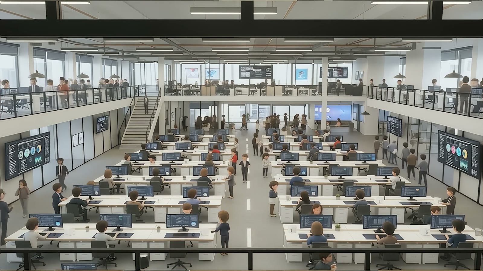 A wide view of a huge open-plan office full of desks