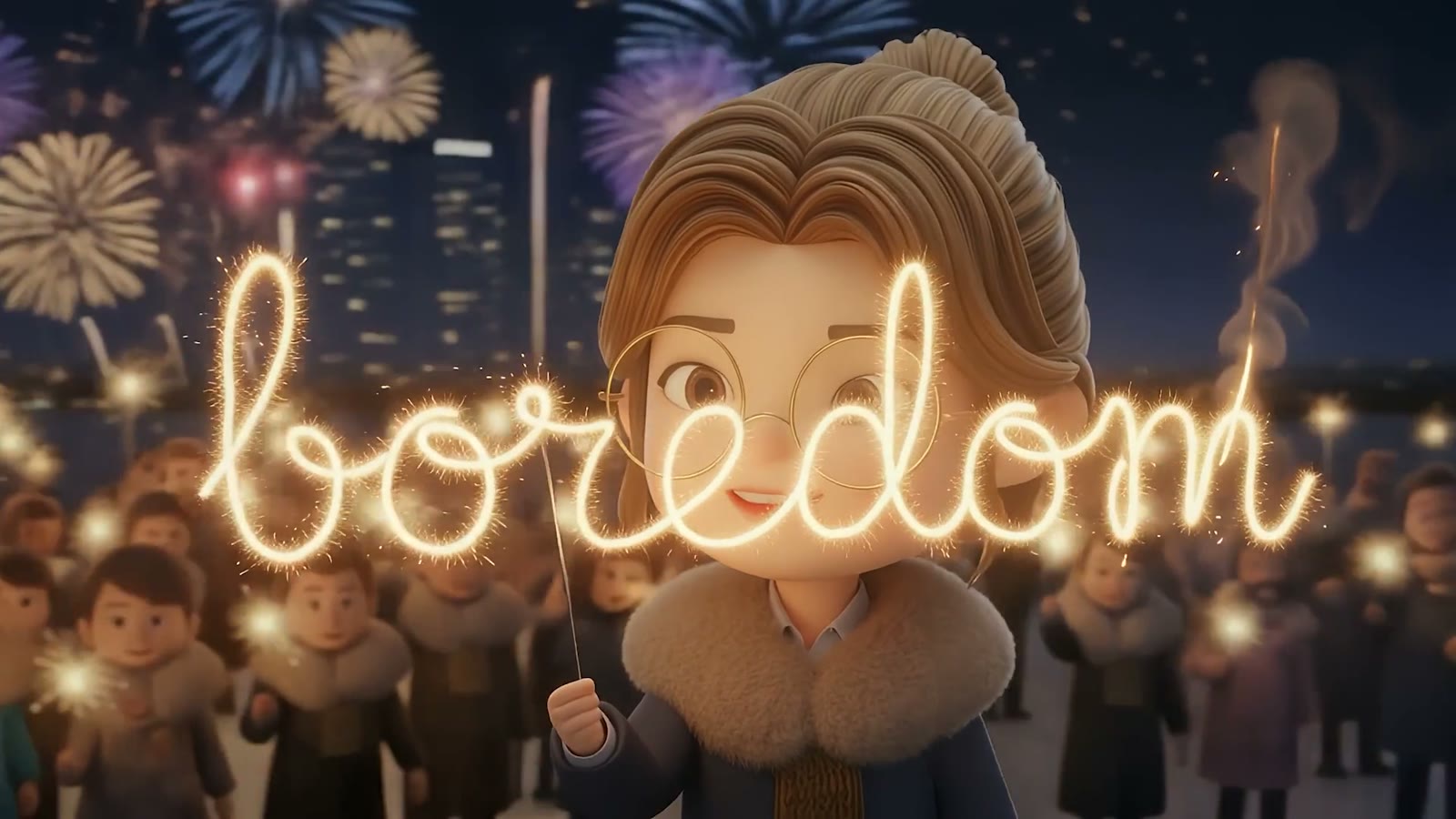 The word boredom written in sparkler light in front of a crowd