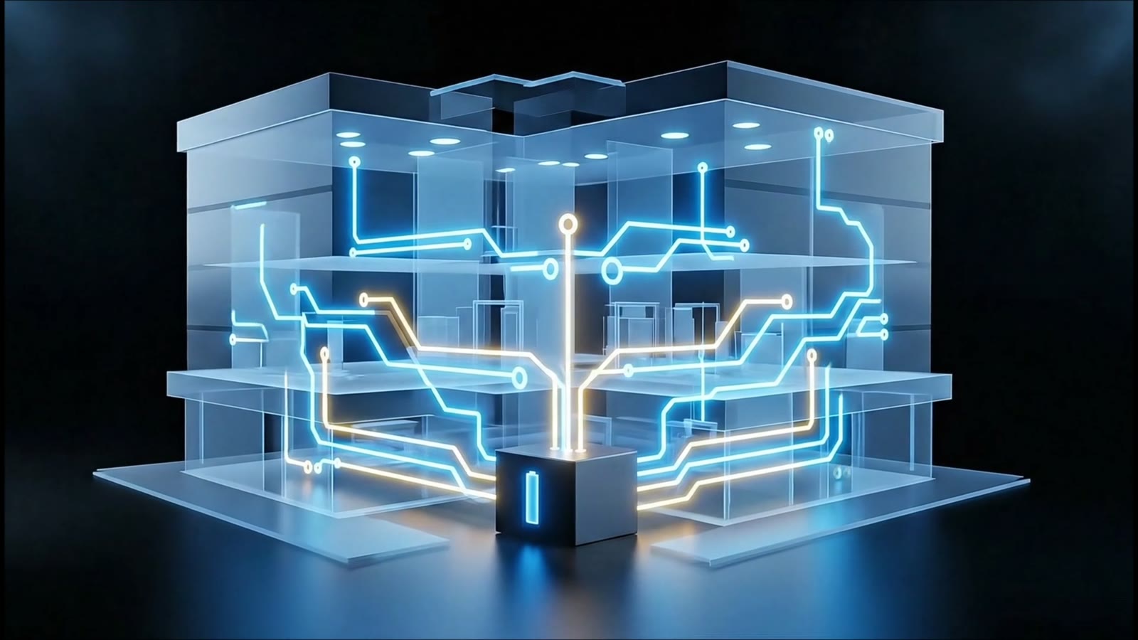 A glass cutaway of a building with energy running through it to a storage unit on the ground floor