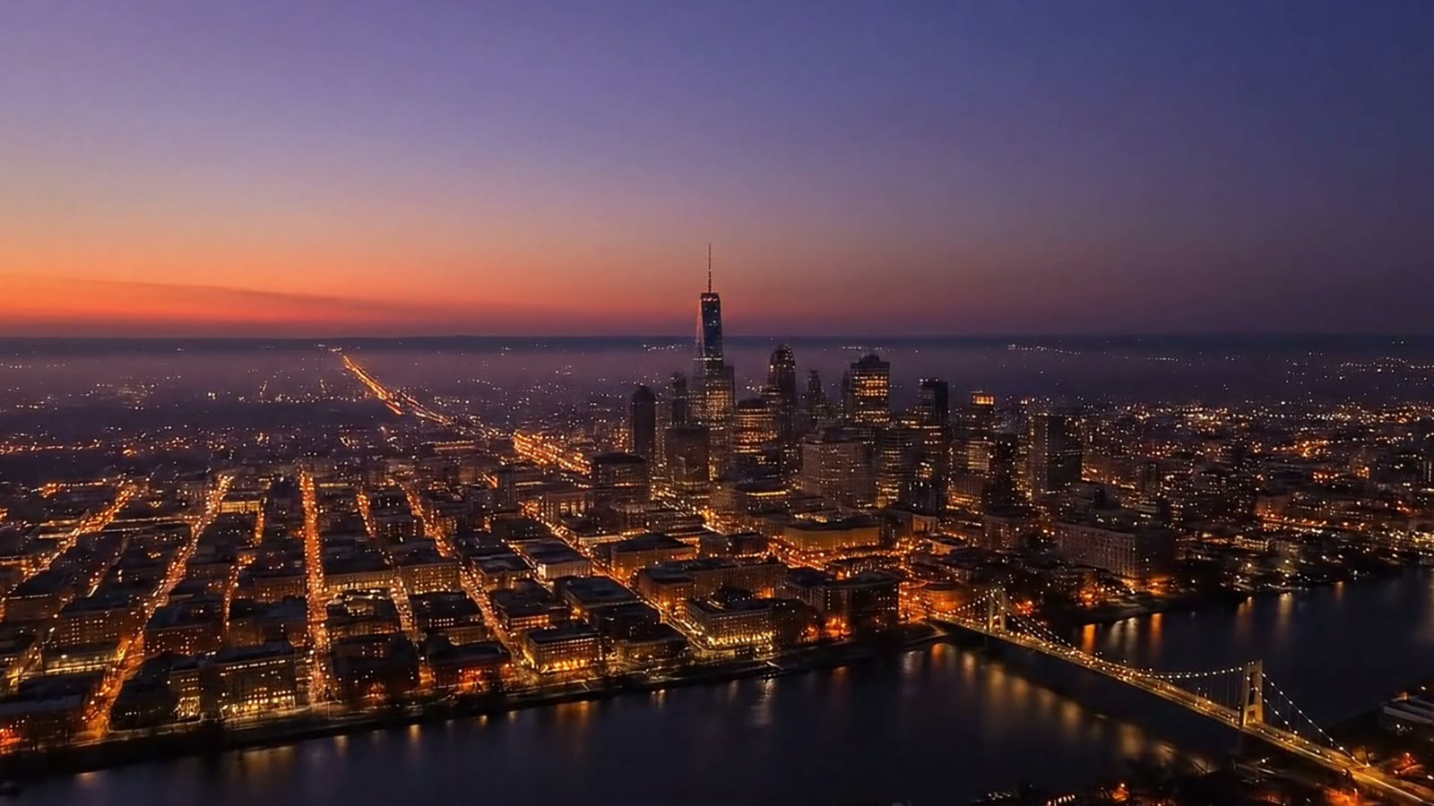 A city at dusk from the air