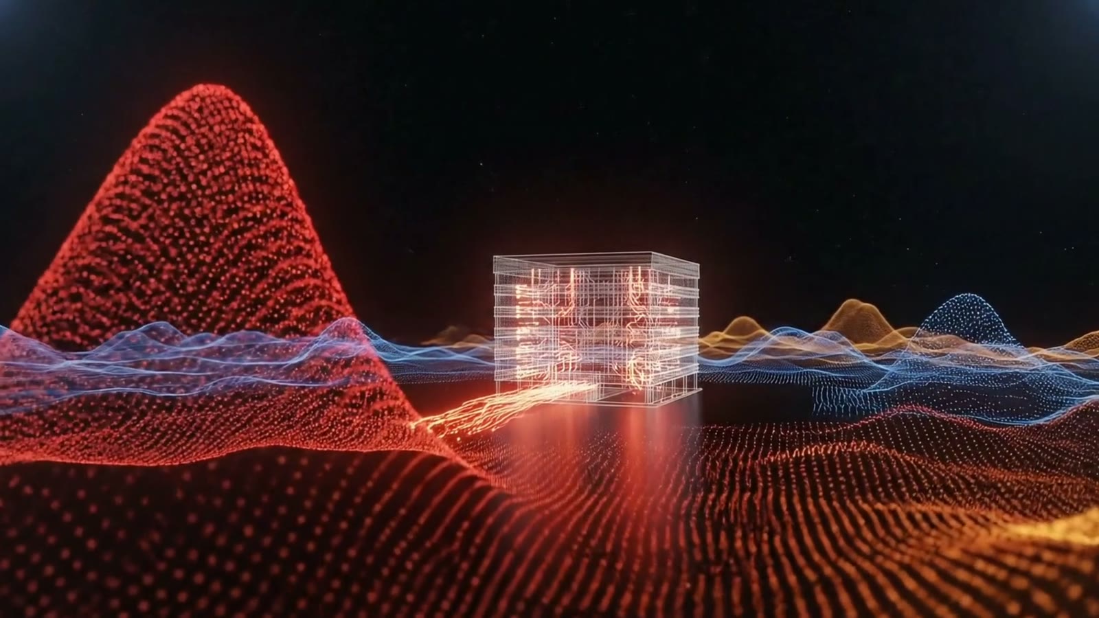 A red peak of particles towers over a small glass building