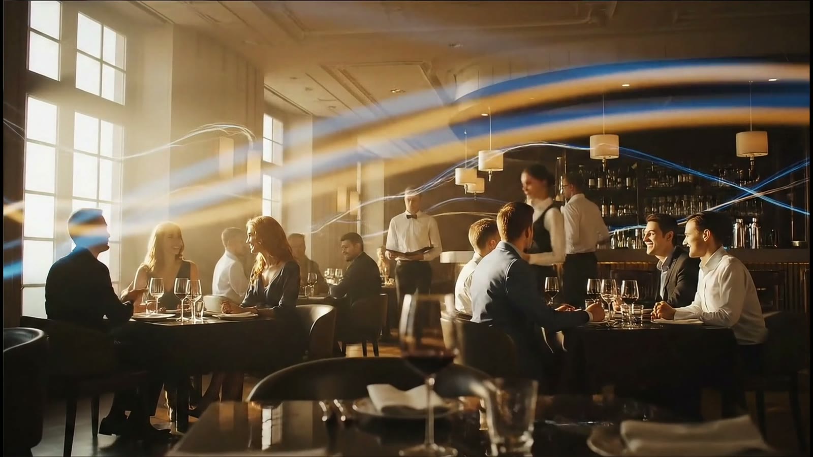 A busy restaurant with ribbons of light passing overhead