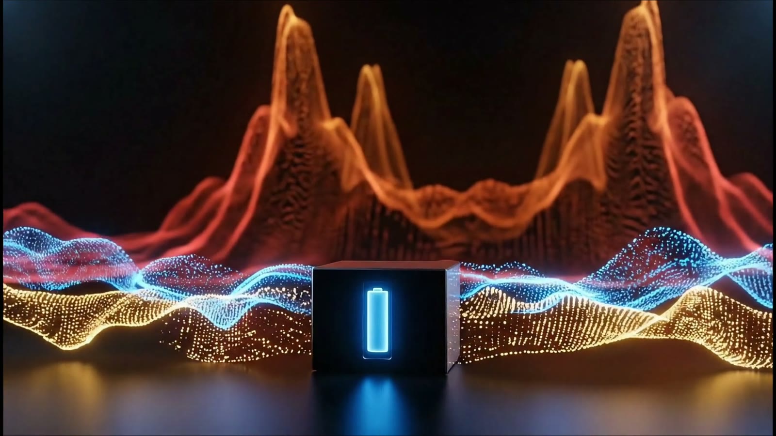A black energy storage unit between waves of orange and blue light