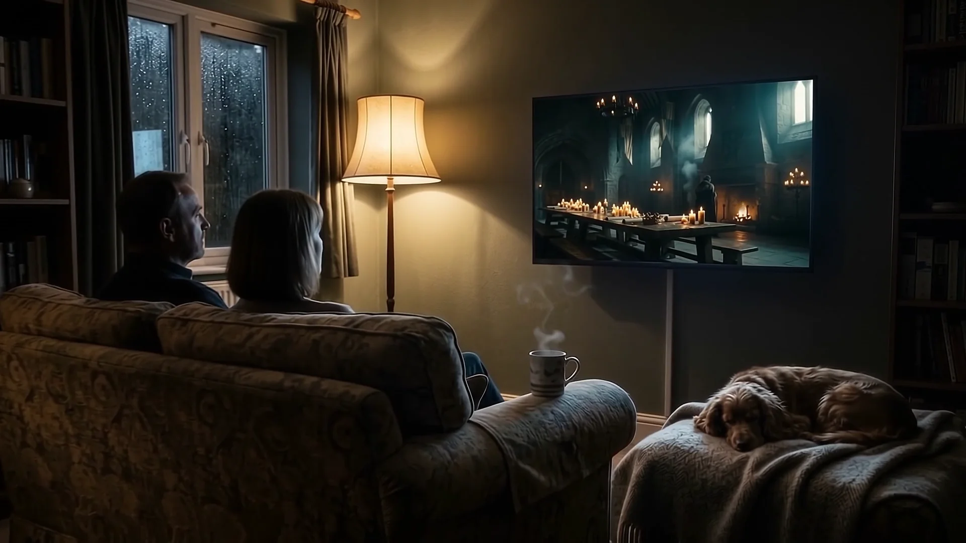 A couple on a sofa watch a candlelit castle hall on their television, the last frame of the script-to-sofa film
