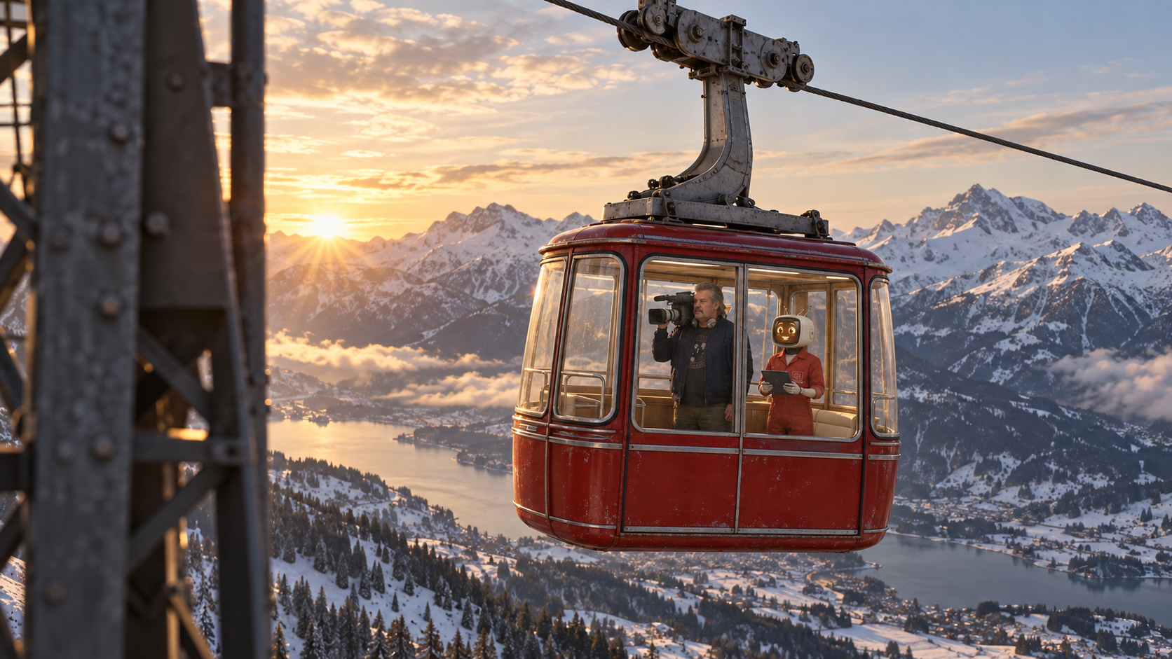 Vintage red gondola suspended above an alpine lake at sunset, with the cameraman and robot inside