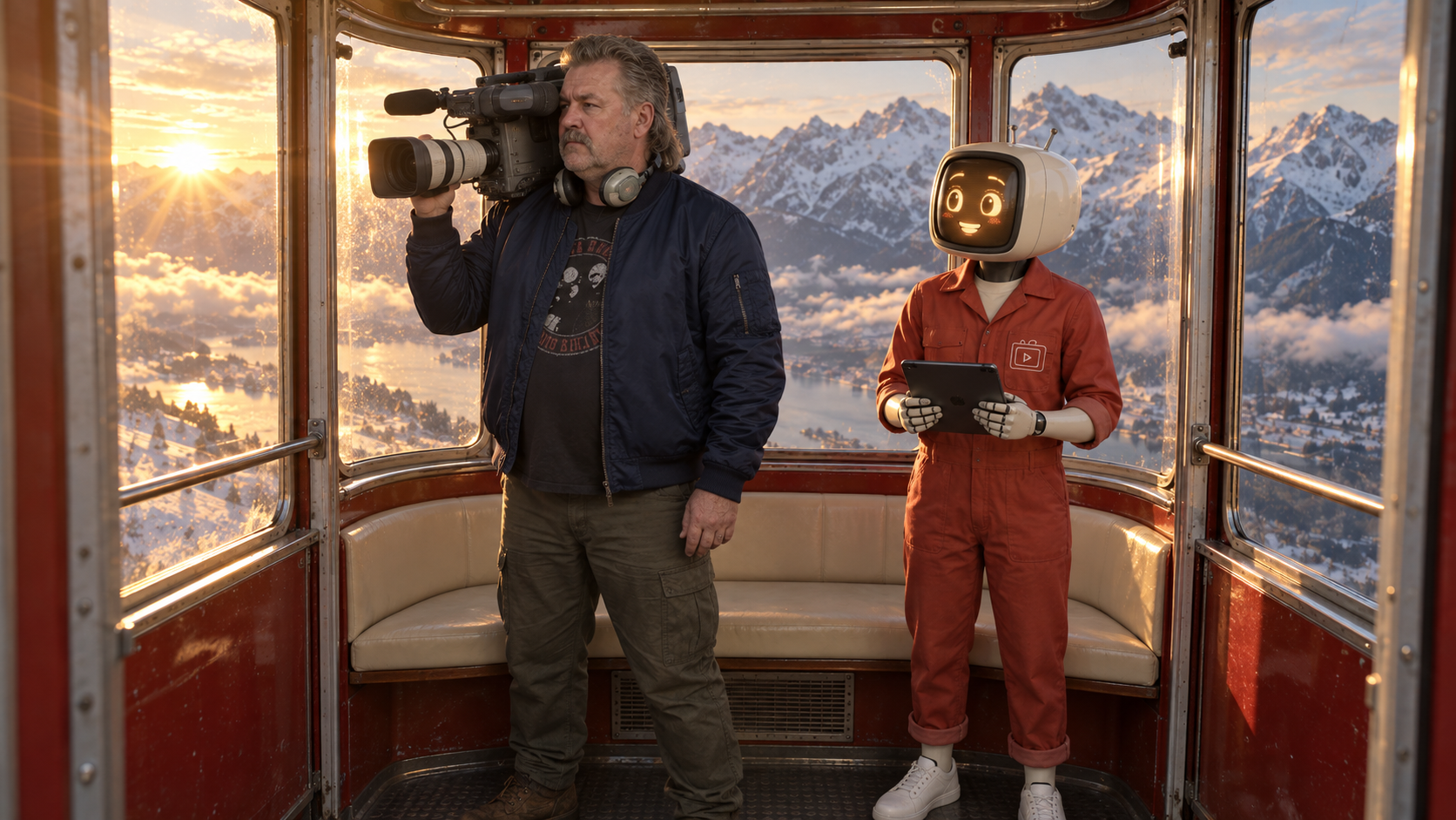 Cameraman and robot in the rebuilt red cabin with curved windows and cream bench