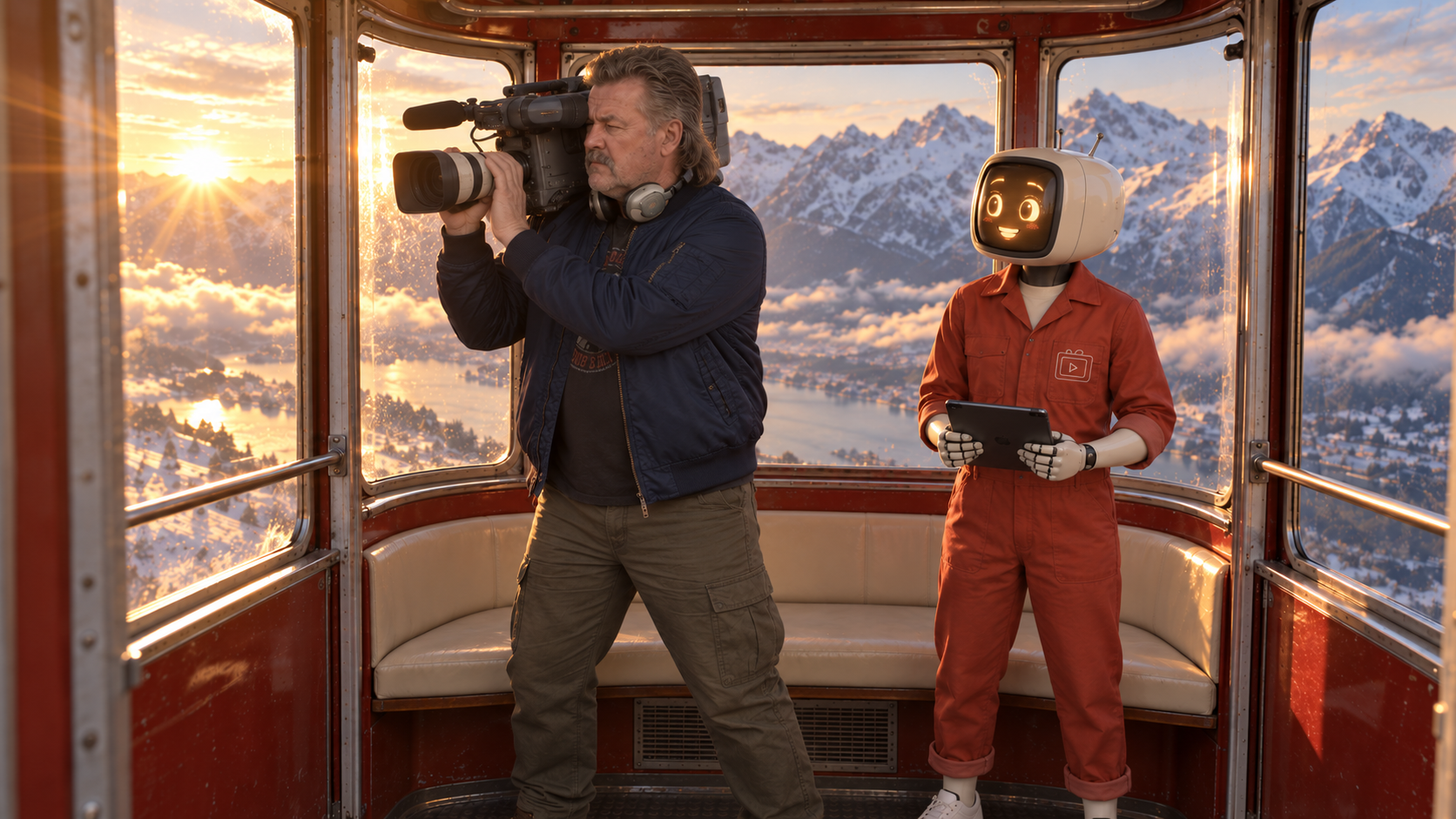 Cameraman filming beside the robot in the same red gondola