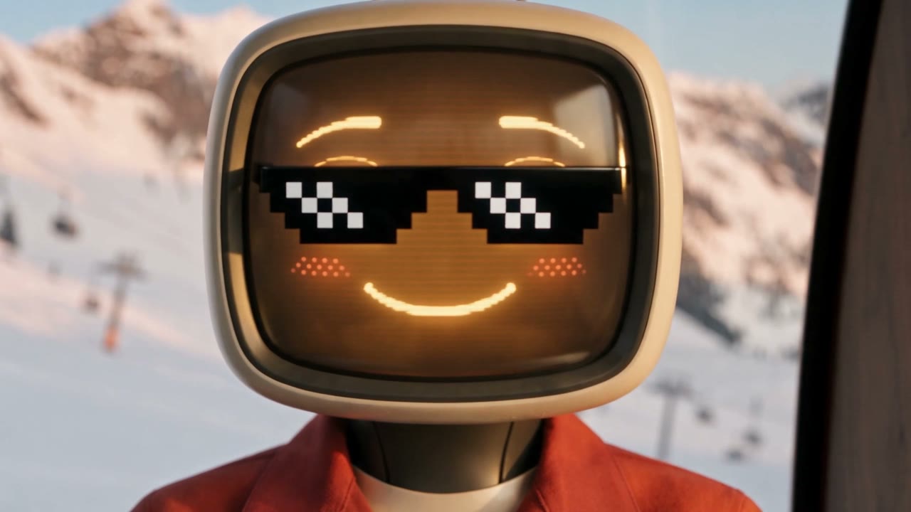 A veteran cameraman and an android with a television for a head face each other in a gondola